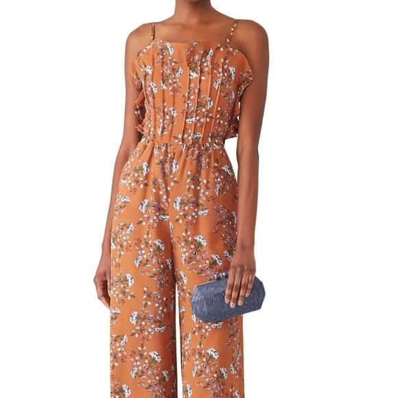 Elliatt Anthropologie Tan Prairie Floral Print Wide Leg Crepe Jumpsuit Size L - Picture 1 of 11